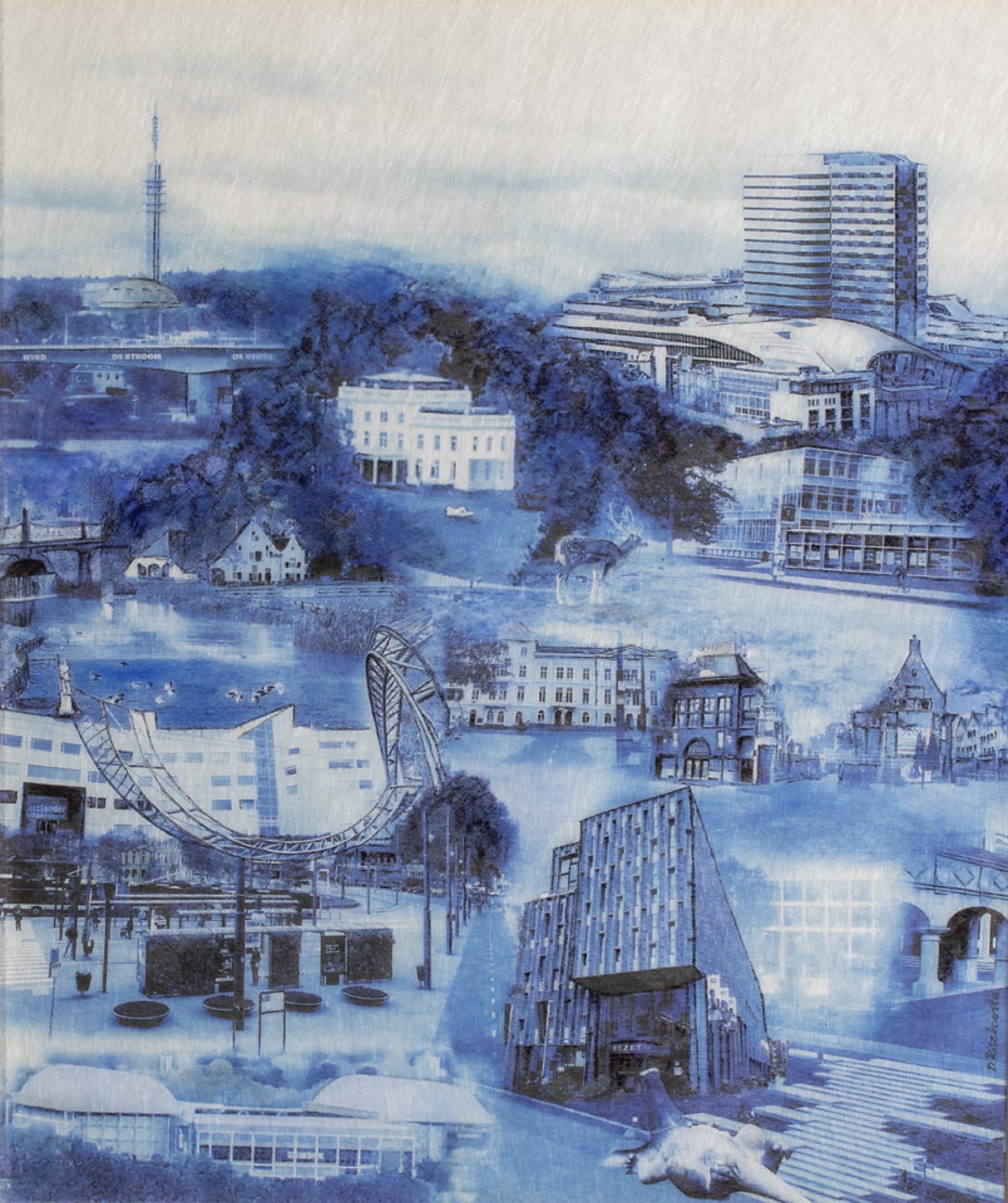 A sound-absorbing work showing Arnhem landmarks in Delft blue.